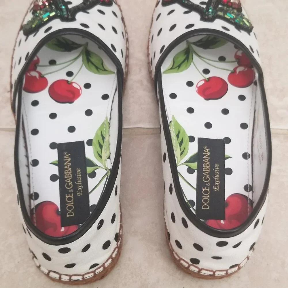 RARE EXCLUSIVE DOLCE & GABBANA CHERRY POLKA DOT EMBELLISHED ESPADRILLES FLATS